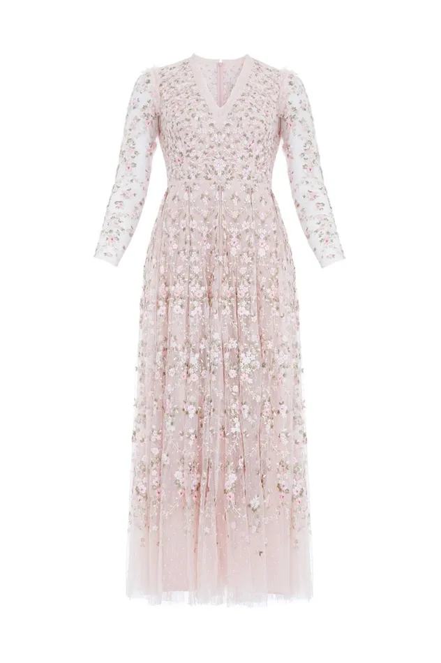 Women Embroidered Dresses Needle and Thread Victoria Ditsy VNeck Ankle Gown Pink