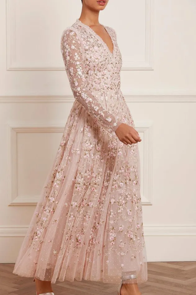 Women Embroidered Dresses Needle and Thread Victoria Ditsy VNeck Ankle Gown Pink