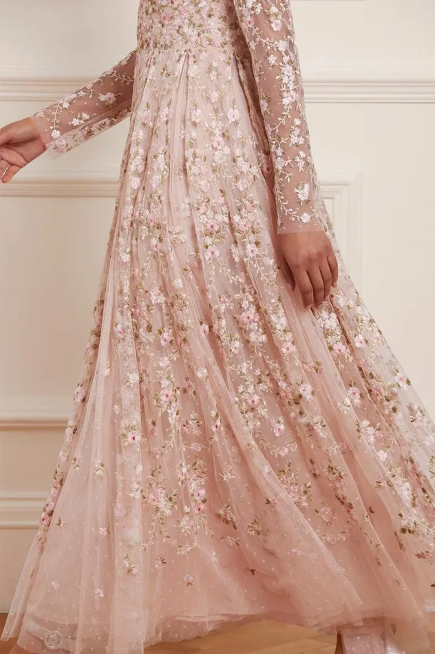 Women Embroidered Dresses Needle and Thread Victoria Ditsy VNeck Ankle Gown Pink