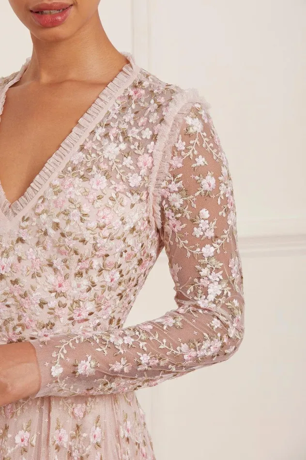 Women Embroidered Dresses Needle and Thread Victoria Ditsy VNeck Ankle Gown Pink