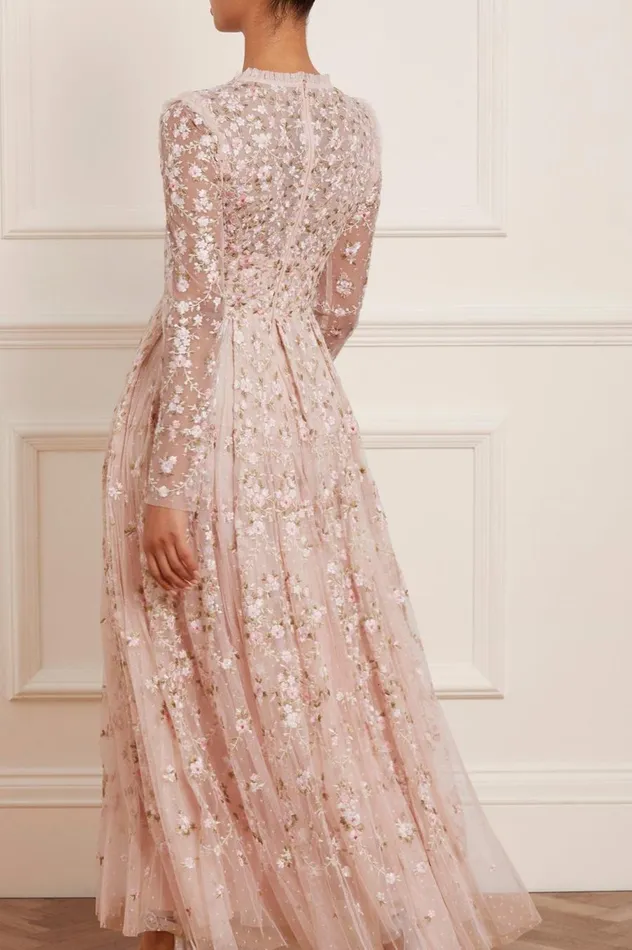 Women Embroidered Dresses Needle and Thread Victoria Ditsy VNeck Ankle Gown Pink
