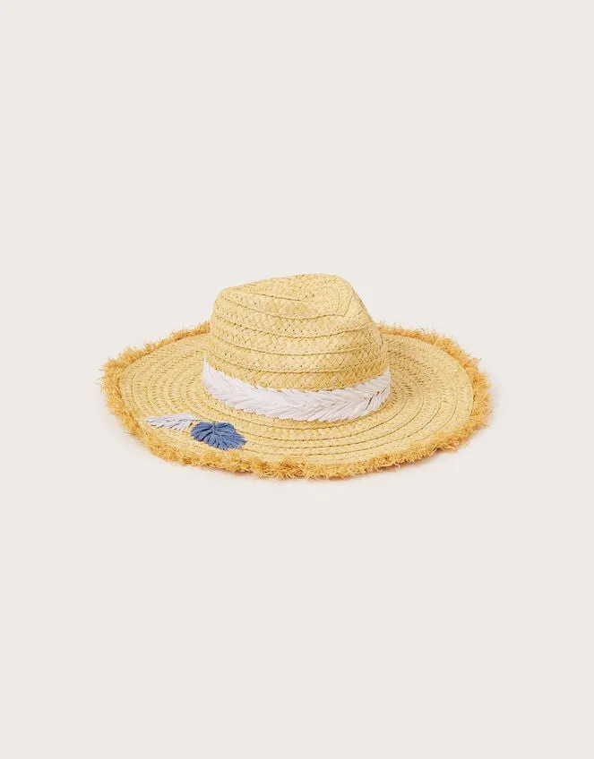 Women Embroidered Fringe Trim Raffia Hat Monsoon Hats