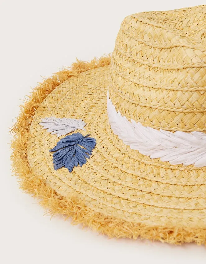 Women Embroidered Fringe Trim Raffia Hat Monsoon Hats