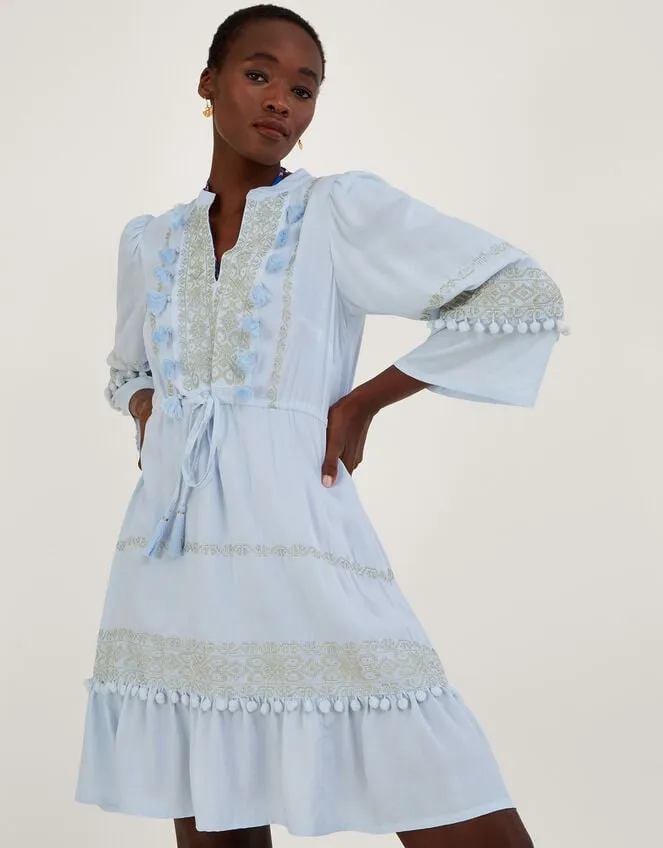 Women Embroidered PomPom Kaftan Dress In Lenzing Ecovero Blue Monsoon Dresses