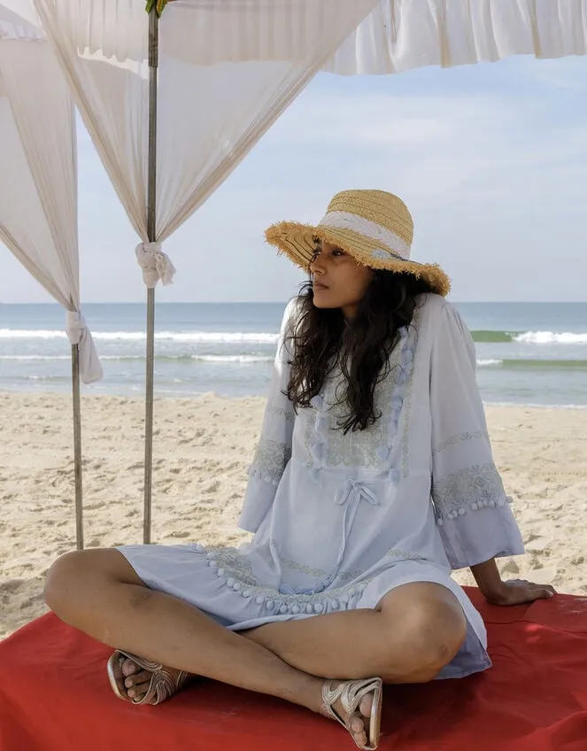 Women Embroidered PomPom Kaftan Dress In Lenzing Ecovero Blue Monsoon Dresses