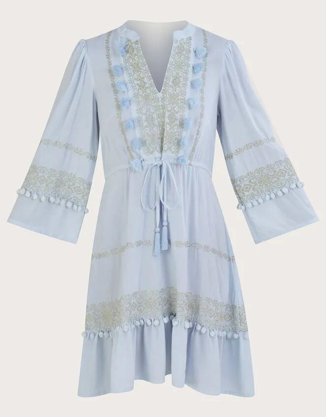 Women Embroidered PomPom Kaftan Dress In Lenzing Ecovero Blue Monsoon Dresses