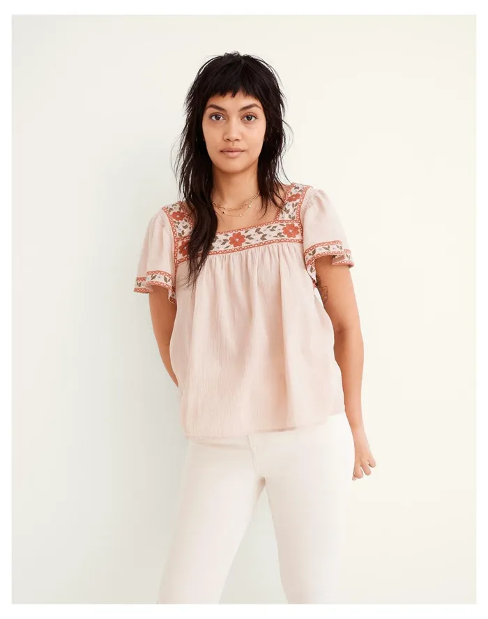 Women Embroidered Square Neck Top Avalon Pink Madewell Tops and Shirts