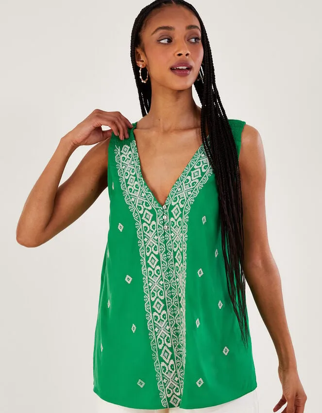 Women Embroidered Wide Strap Vest Top Green Monsoon Tops and Blouses