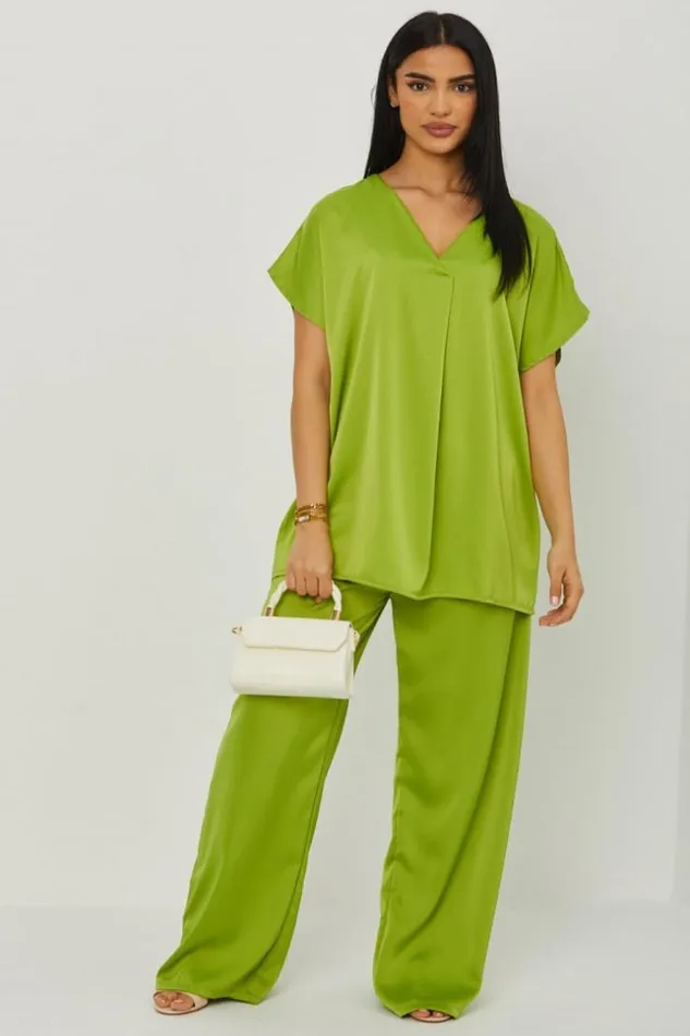 Women Ensemble 2 Pices Blouse Pantalon Satin Vert Green Brentiny Paris Sets With Top Bottoms Women Ensemble 2 Pices Blouse Pantalon Satin Vert Green Brentiny Paris Sets With Top Bottoms