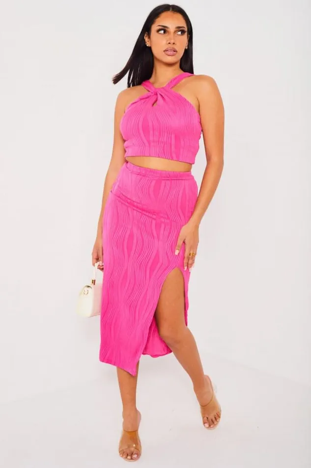 Women Ensemble 2 Pices Crop Top Jupe Rose Motif Vague Pink Brentiny Paris Skirts