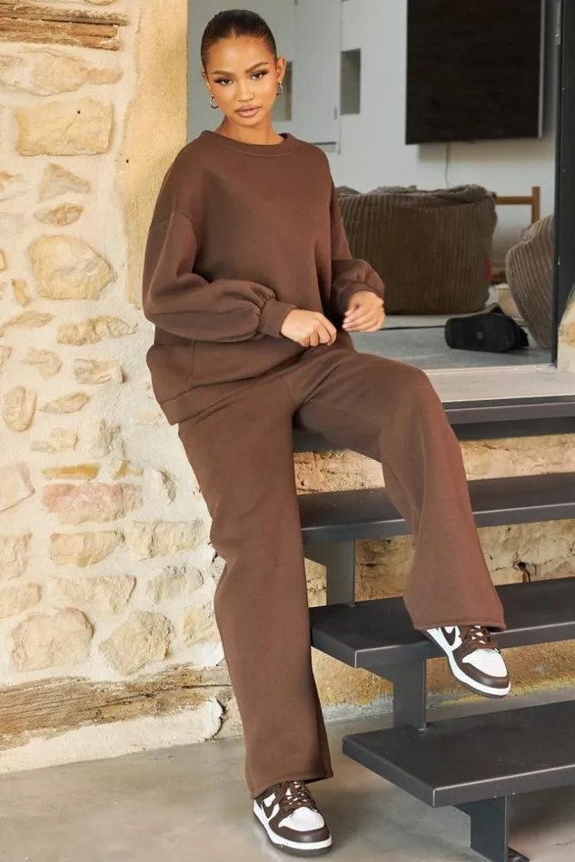 Women Ensemble 2 Pices Sweat Jogging Marron Brown Brentiny Paris White Tops