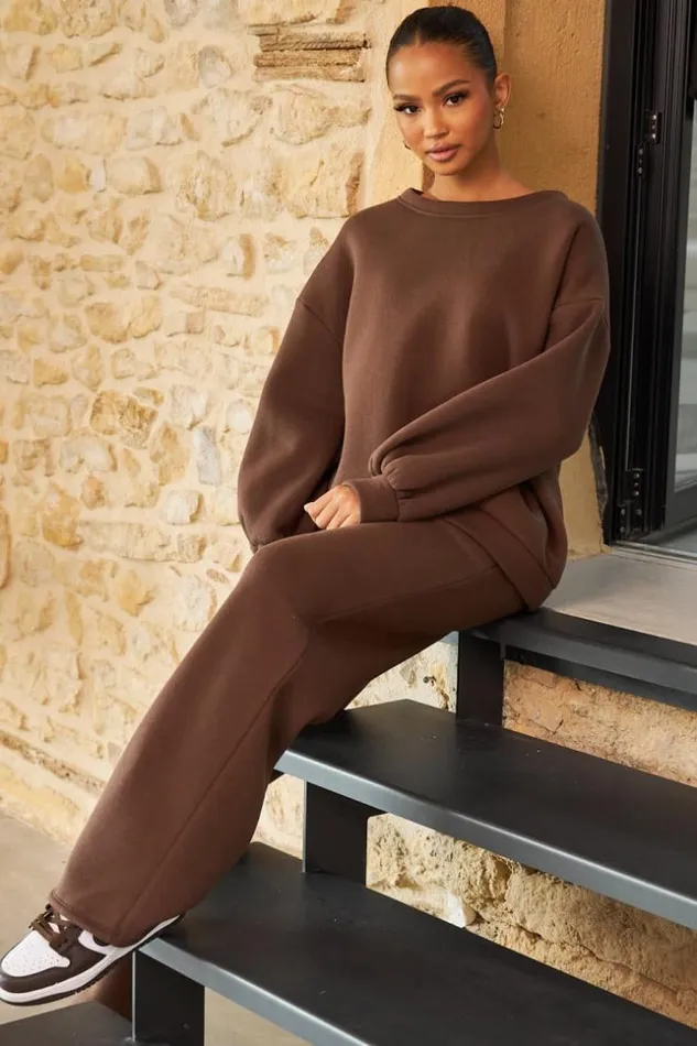Women Ensemble 2 Pices Sweat Jogging Marron Brown Brentiny Paris White Tops