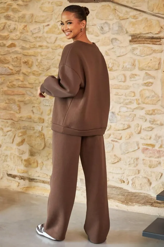 Women Ensemble 2 Pices Sweat Jogging Marron Brown Brentiny Paris White Tops