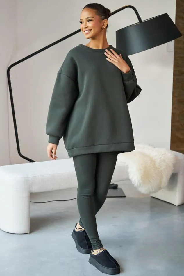 Women Ensemble 2 Pices Sweat Legging Kaki Khaki Brentiny Paris White Tops