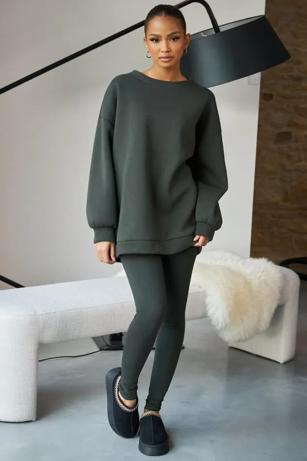 Women Ensemble 2 Pices Sweat Legging Kaki Khaki Brentiny Paris White Tops