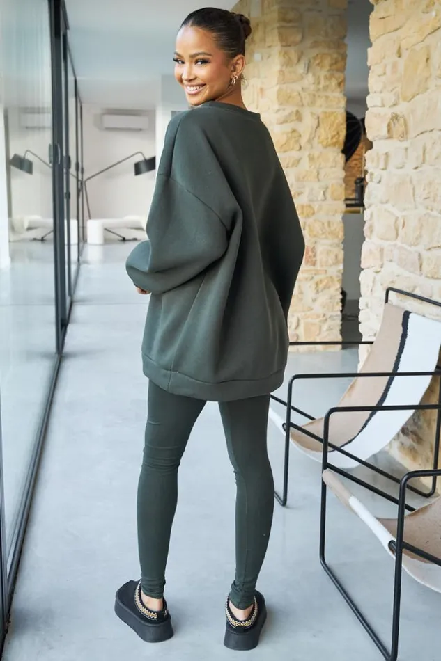 Women Ensemble 2 Pices Sweat Legging Kaki Khaki Brentiny Paris White Tops