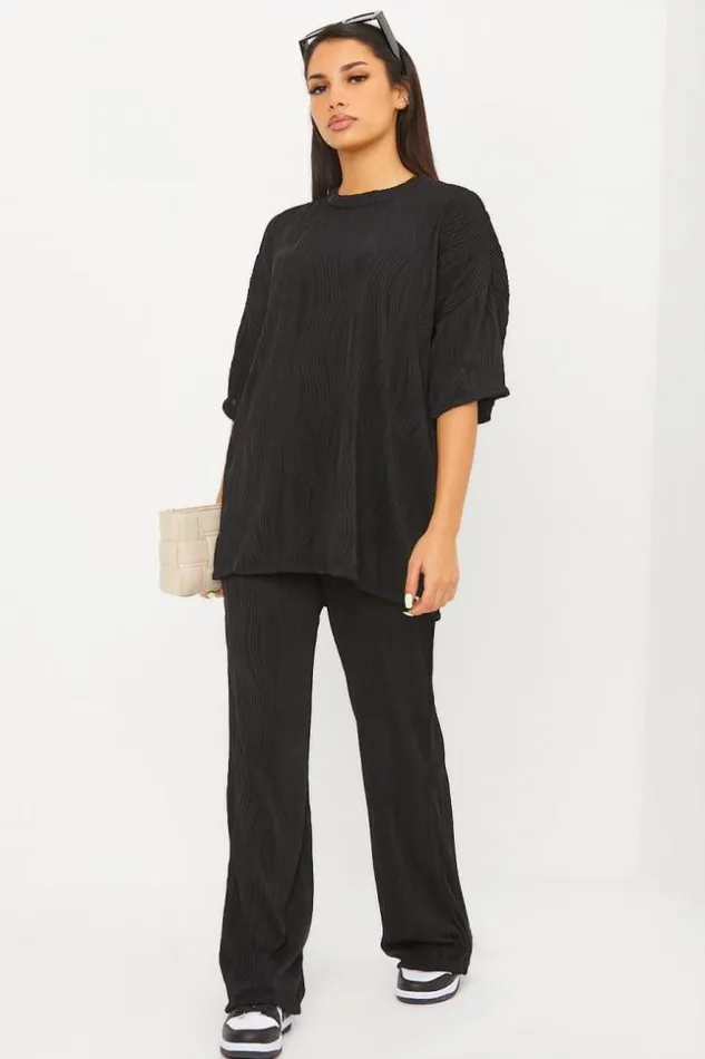 Women Ensemble 2 Pices TShirt Pantalon Motif Vague Noir Black Brentiny Paris Sets With Top Bottoms Women Ensemble 2 Pices TShirt Pantalon Motif Vague Noir Black Brentiny Paris Sets With Top Bottoms