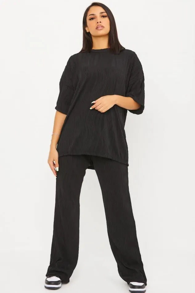 Women Ensemble 2 Pices TShirt Pantalon Motif Vague Noir Black Brentiny Paris Sets With Top Bottoms Women Ensemble 2 Pices TShirt Pantalon Motif Vague Noir Black Brentiny Paris Sets With Top Bottoms