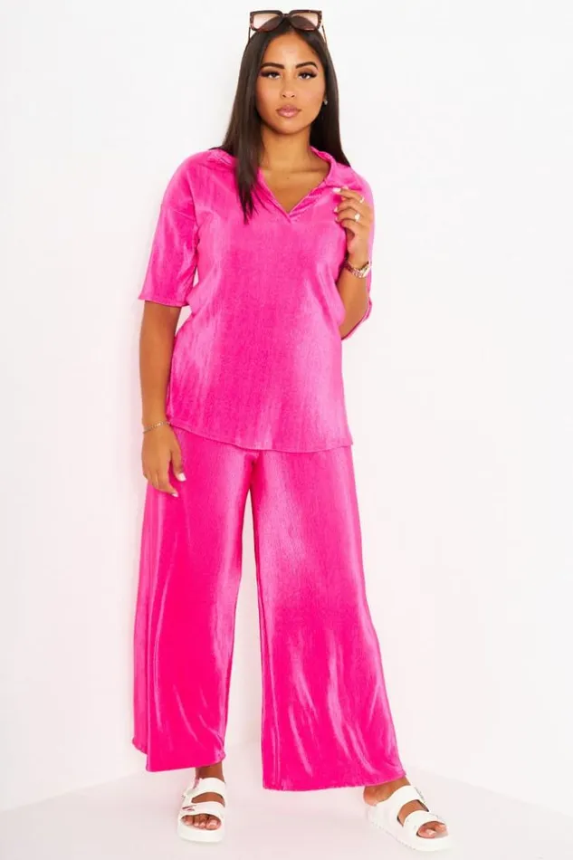 Women Ensemble 2 Pices Top Pantalon Fuchsia Pliss Pink Brentiny Paris TShirts