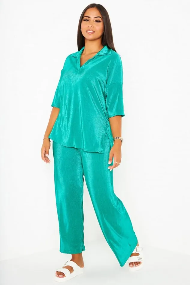 Women Ensemble 2 Pices Top Pantalon Vert Pliss Green Brentiny Paris TShirts