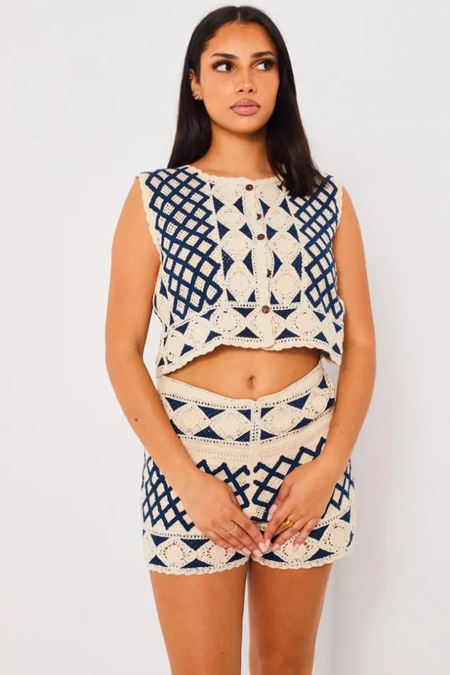 Women Ensemble 2 Pices Top Short Bleu Motif En Tricot Blue Brentiny Paris Shorts Women Ensemble 2 Pices Top Short Bleu Motif En Tricot Blue Brentiny Paris Shorts