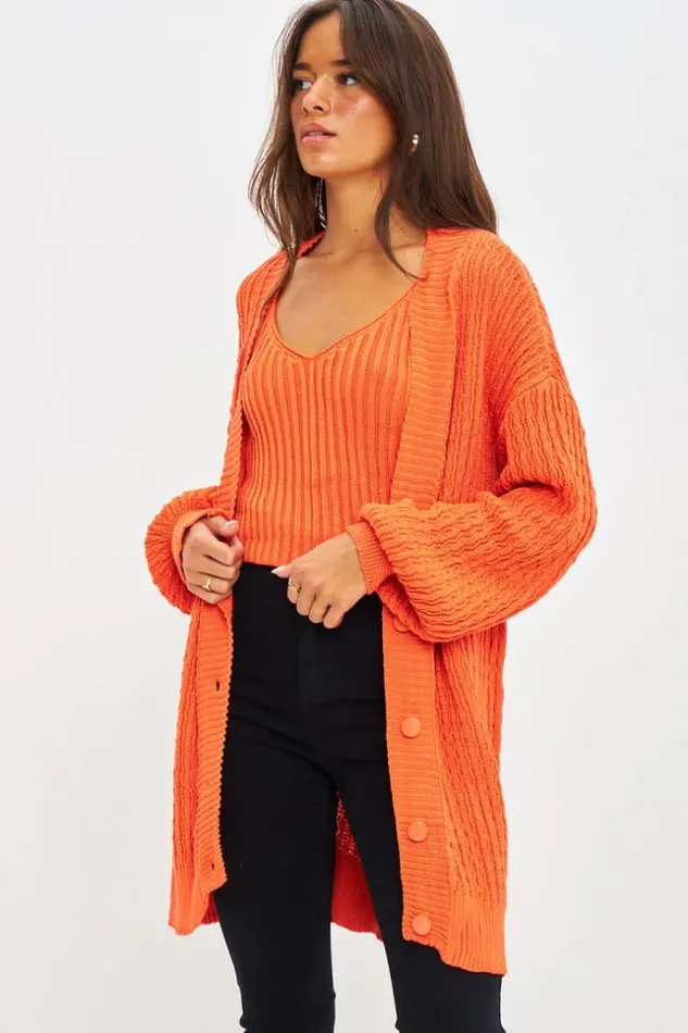 Women Ensemble Gilet Top Orange En Mailles Torsades Orange Brentiny Paris Cardigans