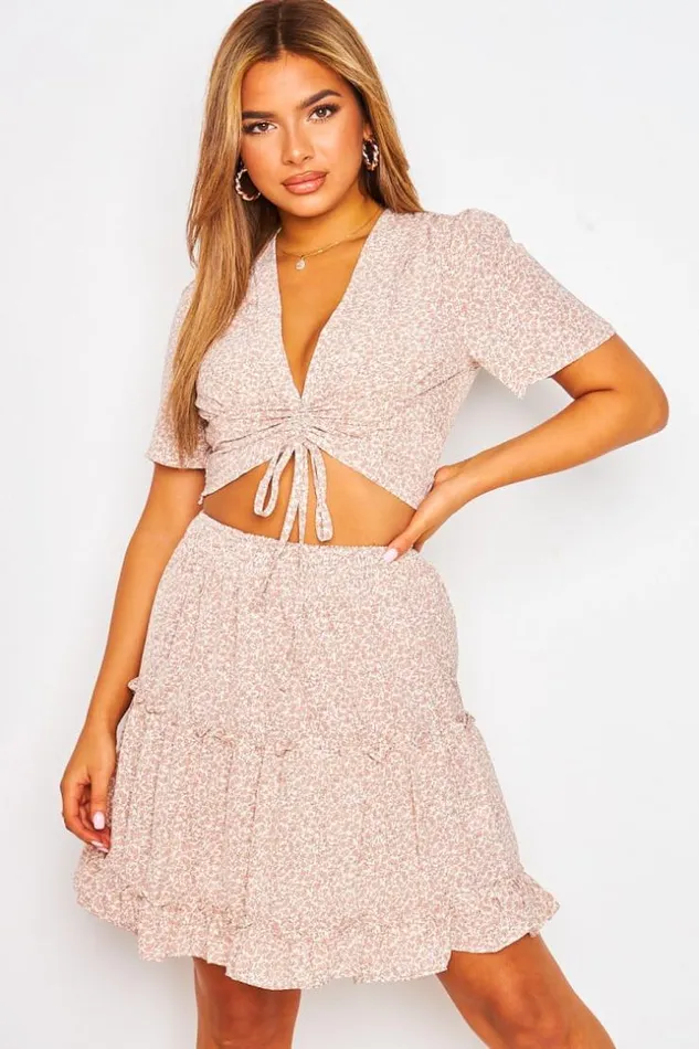 Women Ensemble Rose Fleurs Blanches Top Jupe White Brentiny Paris Lace Tops