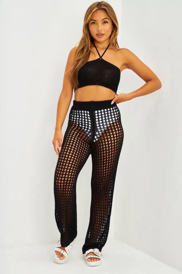 Women Ensemble Top Bandeau Pantalon En Maille Ajoure Noir Black Brentiny Paris Crop Tops Women Ensemble Top Bandeau Pantalon En Maille Ajoure Noir Black Brentiny Paris Crop Tops