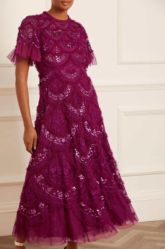 Women Evening Dresses Needle and Thread Carmen Ruffle Ankle Gown Purple