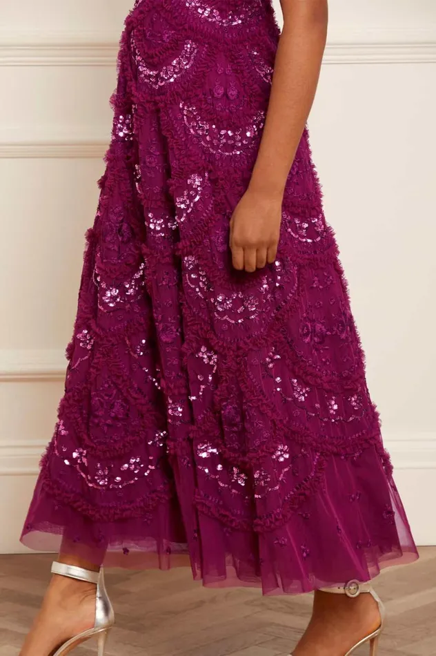 Women Evening Dresses Needle and Thread Carmen Ruffle Ankle Gown Purple