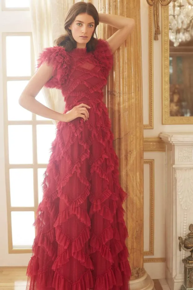 Women Evening Dresses Needle and Thread Genevieve Ruffle Gown Red
