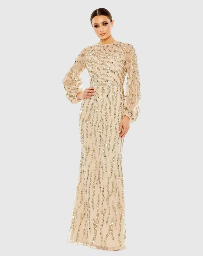 Women Evening Gowns Mac Duggal Embellished High Neck Puff Sleeve Trumpet Gown Nude Gold