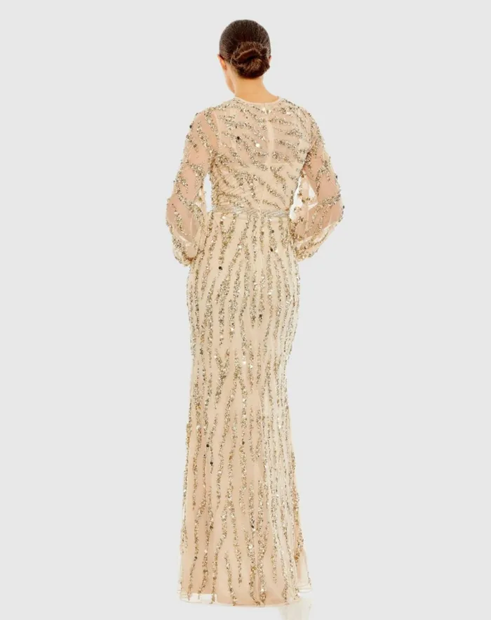 Women Evening Gowns Mac Duggal Embellished High Neck Puff Sleeve Trumpet Gown Nude Gold Women Evening Gowns Mac Duggal Embellished High Neck Puff Sleeve Trumpet Gown Nude Gold