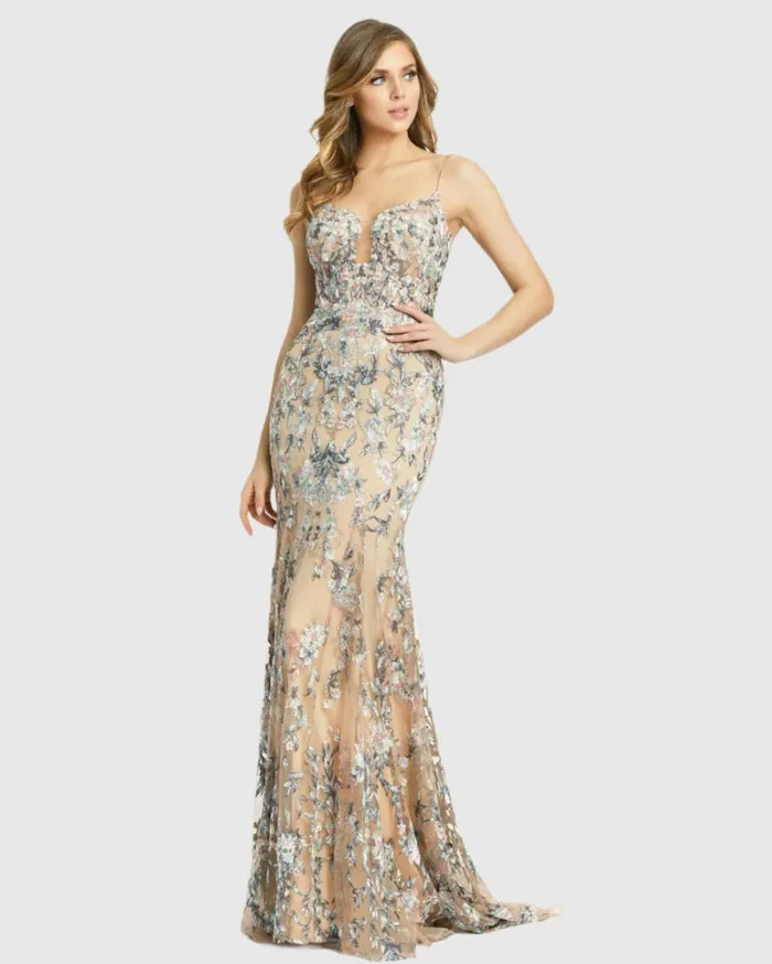Women Evening Gowns Mac Duggal Embroidered Spaghetti Strap Trumpet Gown Nude Multi