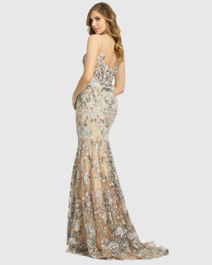 Women Evening Gowns Mac Duggal Embroidered Spaghetti Strap Trumpet Gown Nude Multi