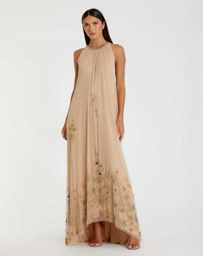 Women Evening Gowns Mac Duggal High Neck Floral Embellished Trapeze Dress Nude Gold