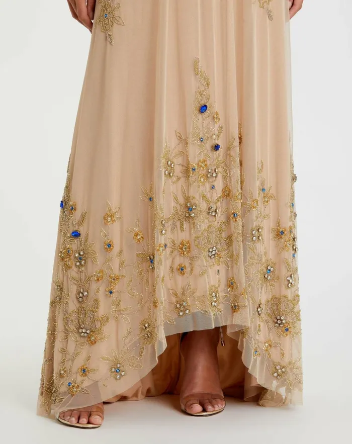 Women Evening Gowns Mac Duggal High Neck Floral Embellished Trapeze Dress Nude Gold