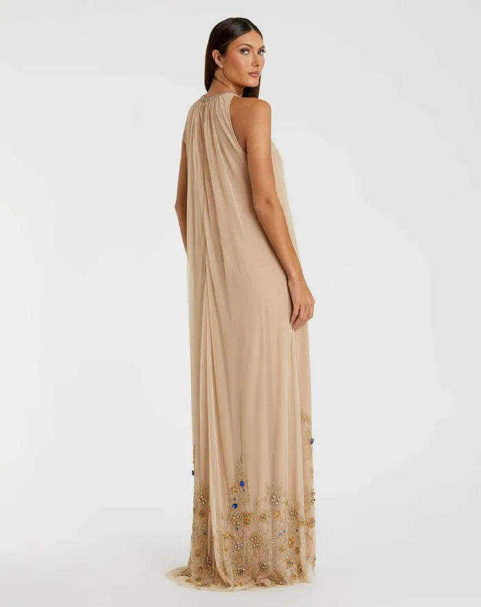 Women Evening Gowns Mac Duggal High Neck Floral Embellished Trapeze Dress Nude Gold