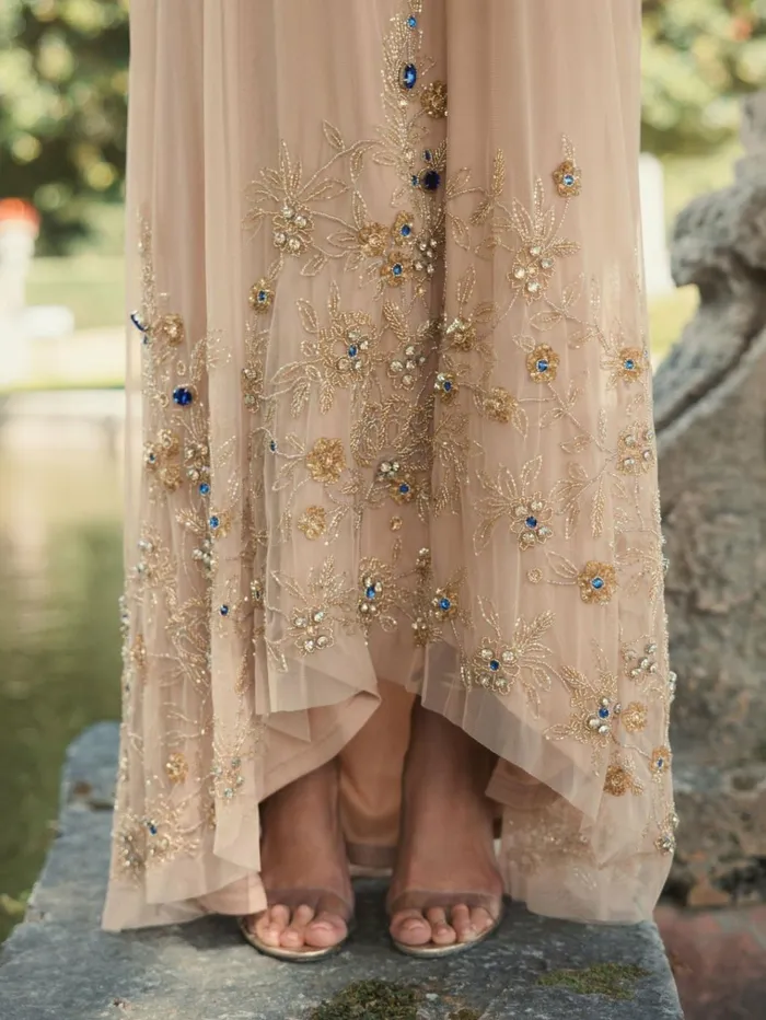 Women Evening Gowns Mac Duggal High Neck Floral Embellished Trapeze Dress Nude Gold