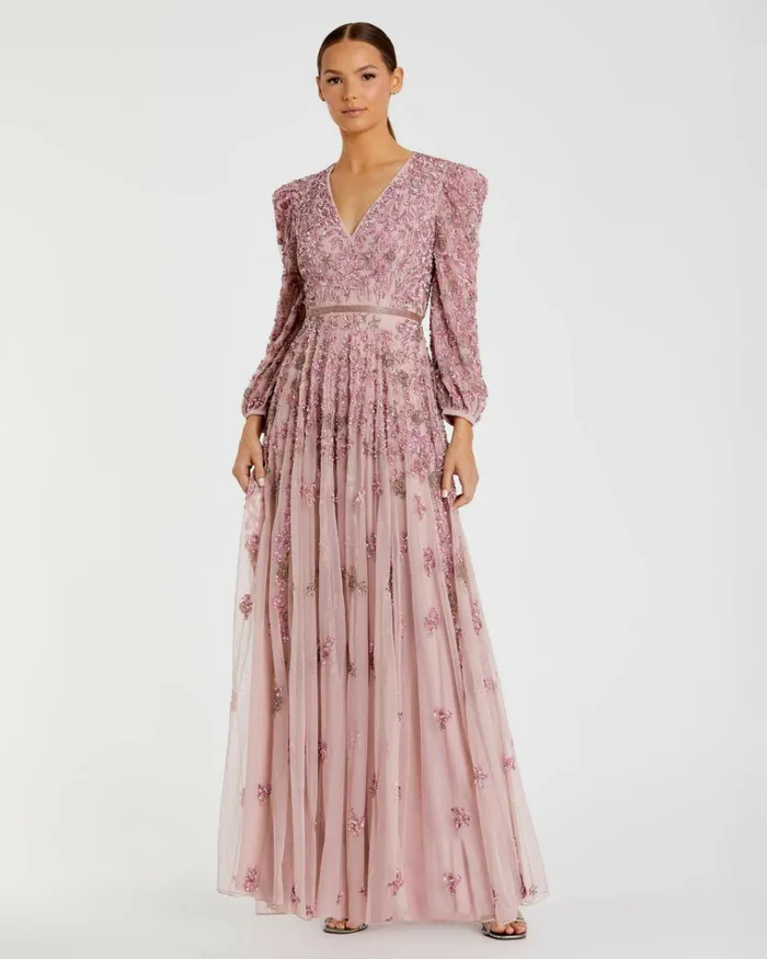Women Evening Gowns Mac Duggal Pink Embellished V Neck 34 Sleeve A Line Gown Rose