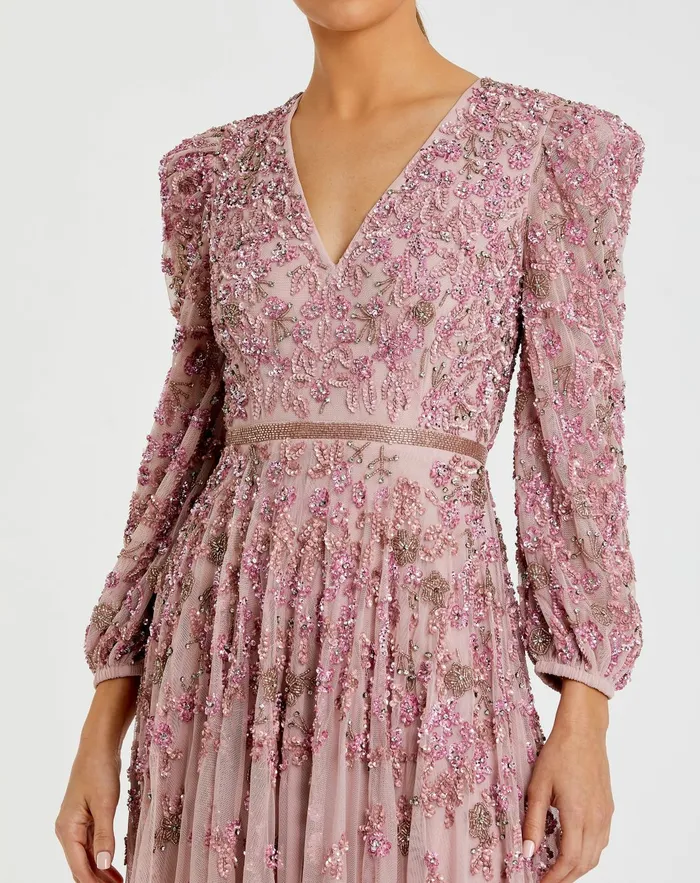 Women Evening Gowns Mac Duggal Pink Embellished V Neck 34 Sleeve A Line Gown Rose