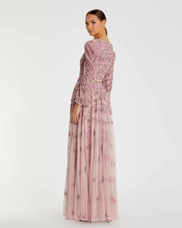 Women Evening Gowns Mac Duggal Pink Embellished V Neck 34 Sleeve A Line Gown Rose