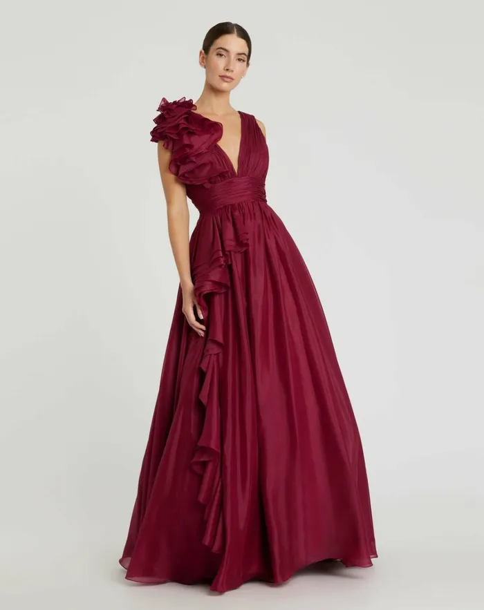 Women Evening Gowns Mac Duggal Ruffle Detailed Evening Dress Wine