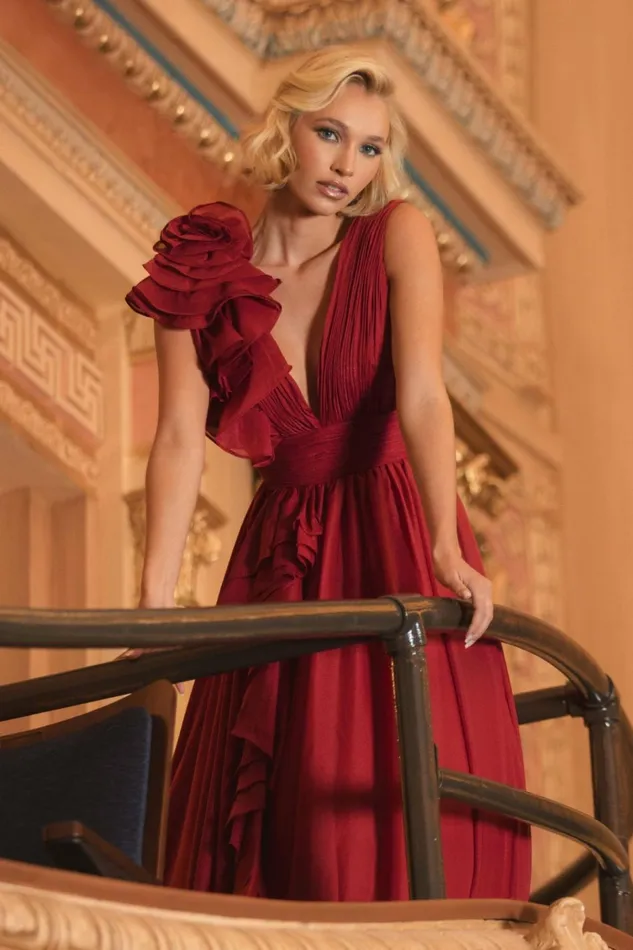 Women Evening Gowns Mac Duggal Ruffle Detailed Evening Dress Wine