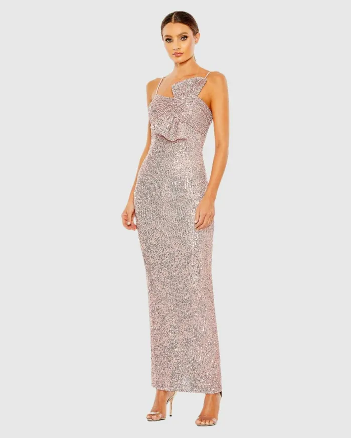 Women Evening Gowns Mac Duggal Sequined Strapless Faux Bow Column Gown Rose Pink