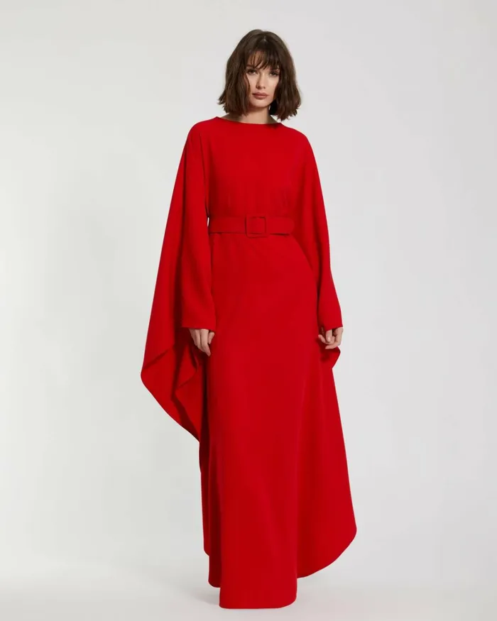Women Every Day Dresses Mac Duggal Crepe Boat Neck Caftan Maxi Dress With Belt Cherry