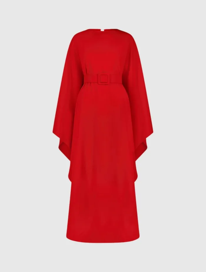 Women Every Day Dresses Mac Duggal Crepe Boat Neck Caftan Maxi Dress With Belt Cherry