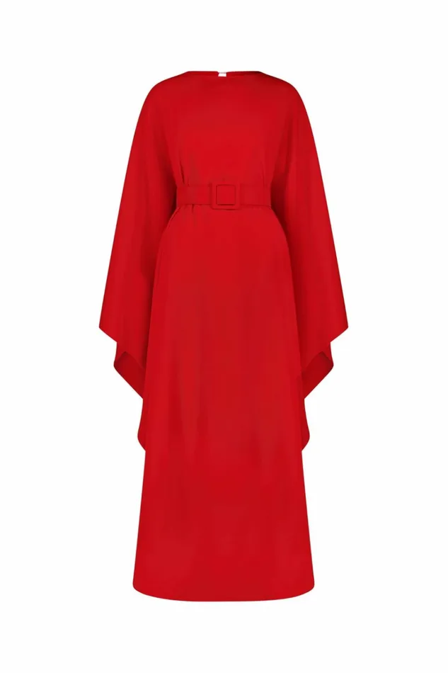 Women Every Day Dresses Mac Duggal Crepe Boat Neck Caftan Maxi Dress With Belt Cherry