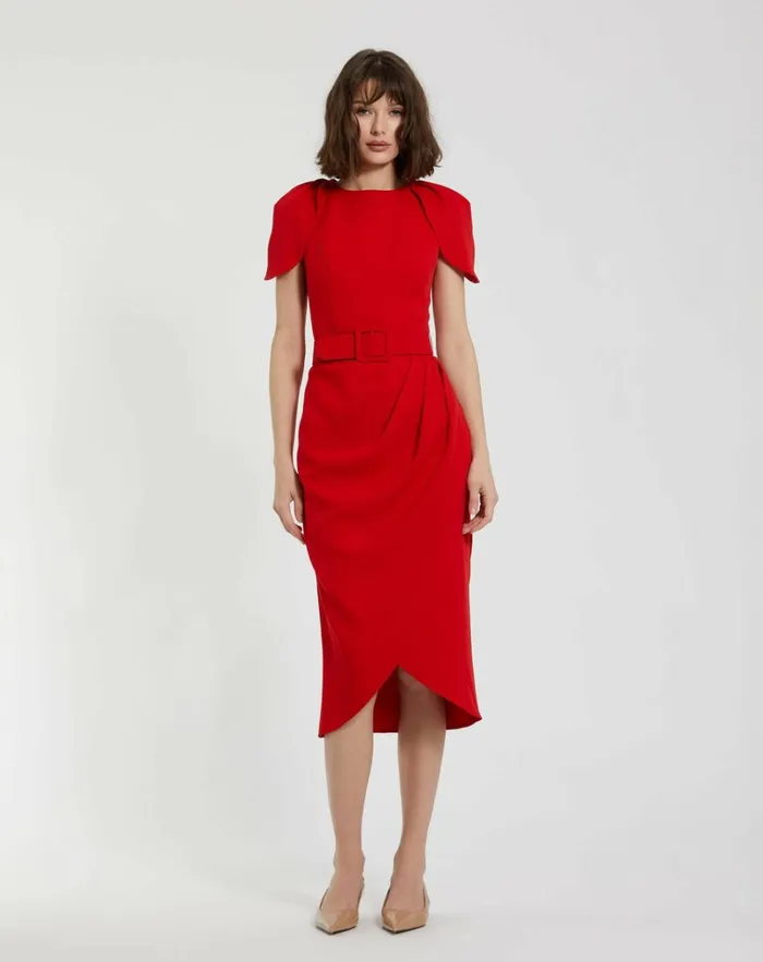 Women Every Day Dresses Mac Duggal Crepe Boat Neck Midi Tulip Dress With Belt Cherry