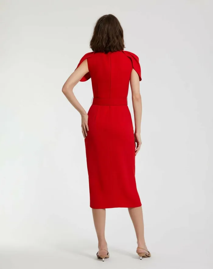 Women Every Day Dresses Mac Duggal Crepe Boat Neck Midi Tulip Dress With Belt Cherry